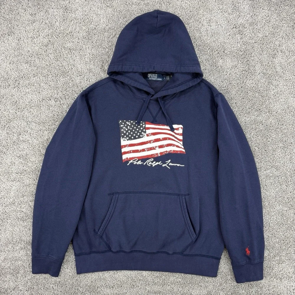 Polo Ralph Lauren American Flag Fleece Hoodie Men's L Navy Spellout Patriotic